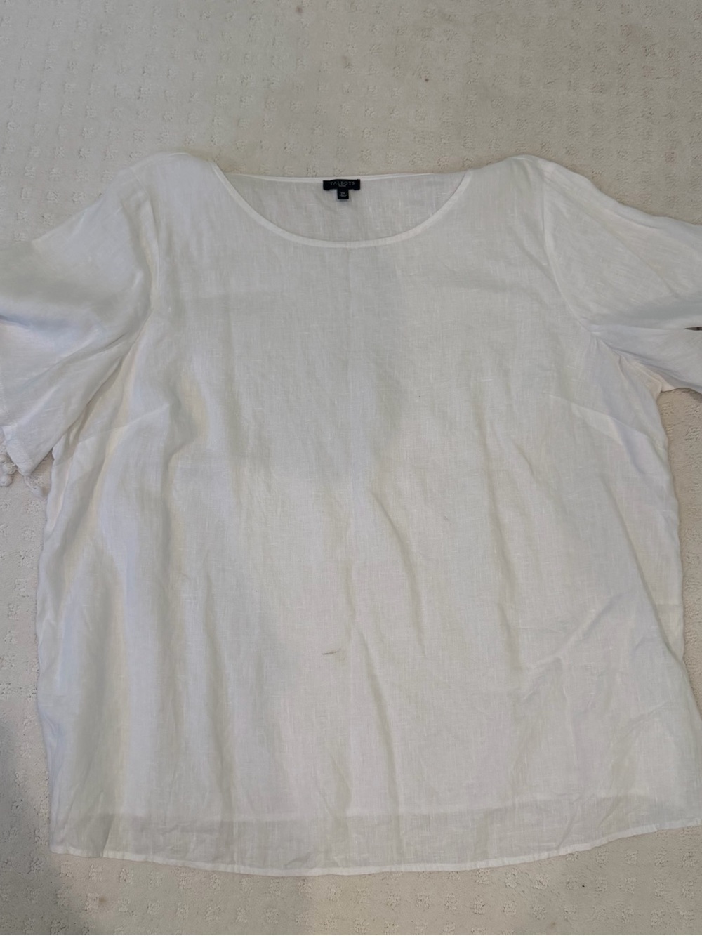Talbots 2x White Linen Scoop Neck Short Sleeve Blouse, pompom sleeves plus